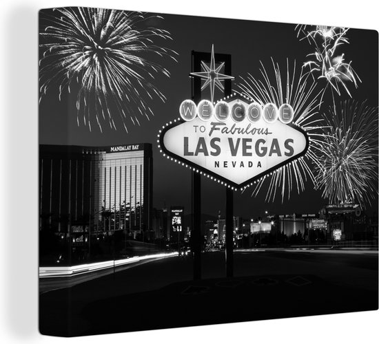 Canvas Schilderij Welkomstbord van Las Vegas met vuurwerk - 120x90 cm - Wanddecoratie