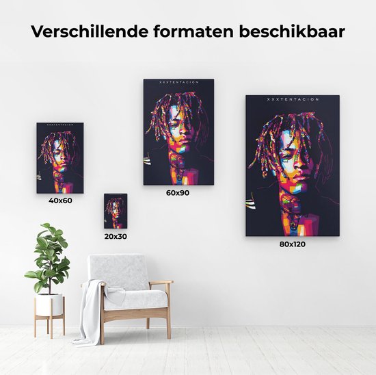 Verschillende formaten van een portret van XXXTentacion in abstracte, kleurrijke stijl.