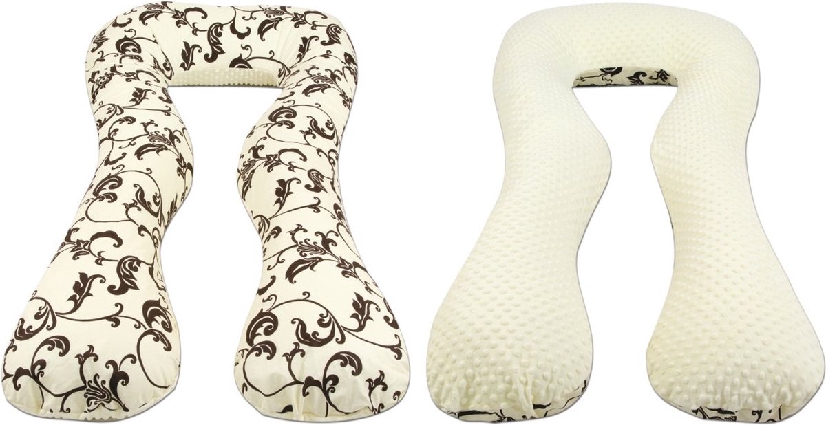 Goedkoopste Zwangerschapskussen - 300 cm - minky dot en blaadjes - crème bruin