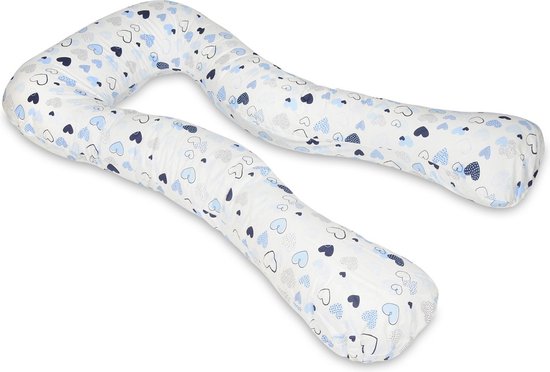 Voedingskussen - Zwangerschapskussen - 300 cm - 100% katoen - wit met blauwe hartjes