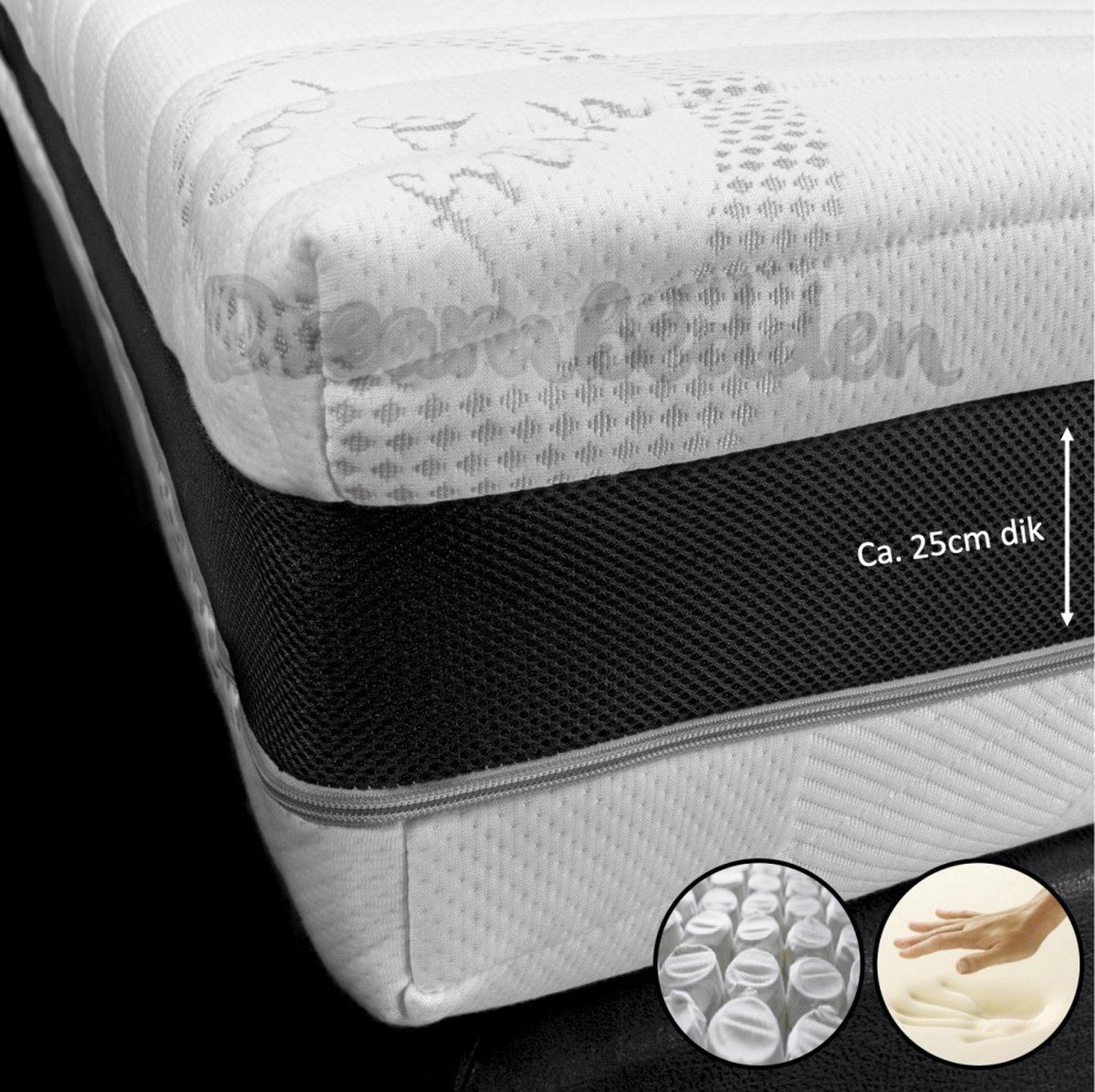 dreambedden Hilton Hotel Matras - 80x210 - Nasa Traagschuim - 9-zones Micropocketvering - 3D Border - Cool & Fresh - ca. 25cm dik - Orthopedisch SOFT Wit