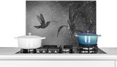 Spatscherm keuken 70x50 cm - Kookplaat achterwand Kolibrie in de regen in de natuur van Costa Rica in zwart wit - Muurbeschermer - Spatwand fornuis - Hoogwaardig aluminium