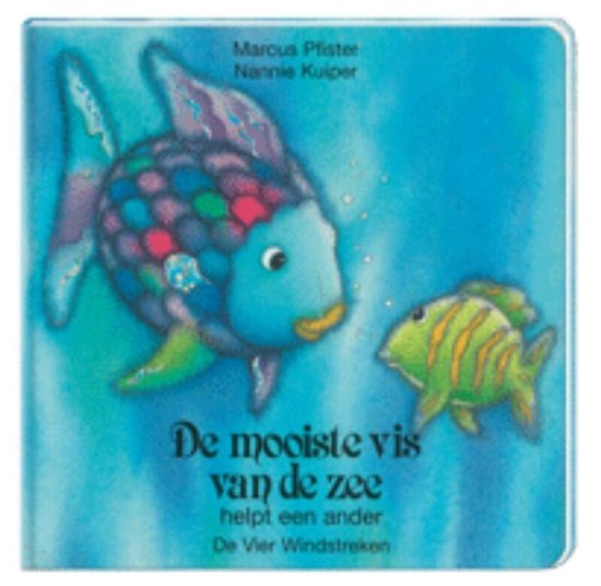 Prentenboek 'De mooiste vis van de zee' met een regenboogvis en een groen gestreepte vis op blauwe achtergrond.