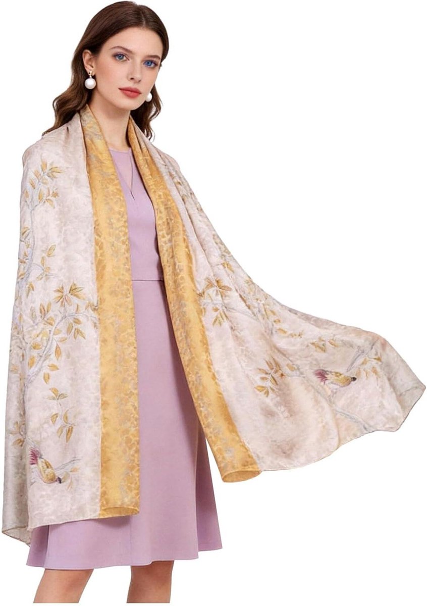 Oversized Sjaal - Dames Sjaal - Chique Accessoire - Premium Zijde Jacquard - 190 x 106 cm - Beige