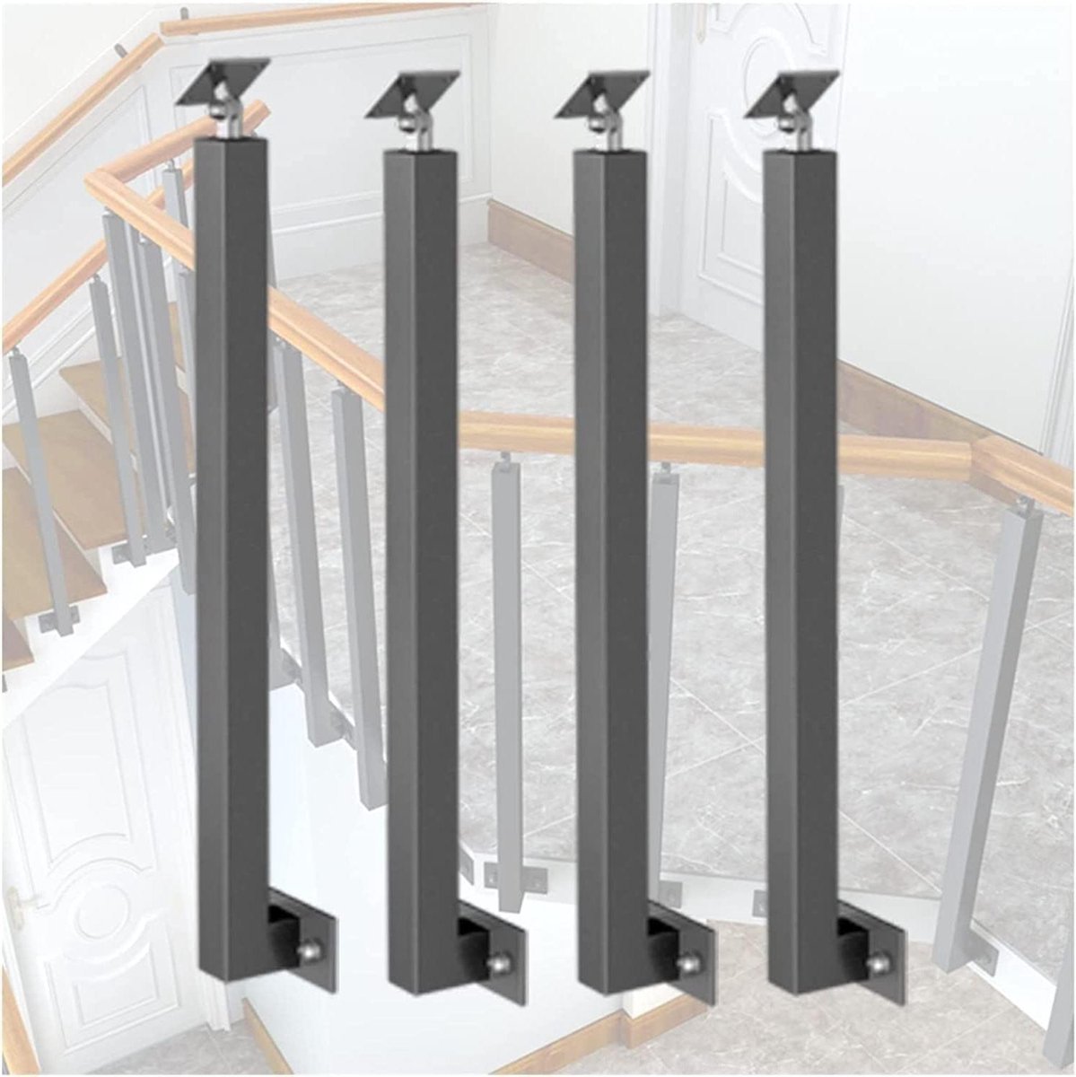 Metalen Balustrade Palen - Vierkante Trappalen - Veiligheid Binnen - Eenvoudige Montage - 4 Stuks 90cm - Zwart