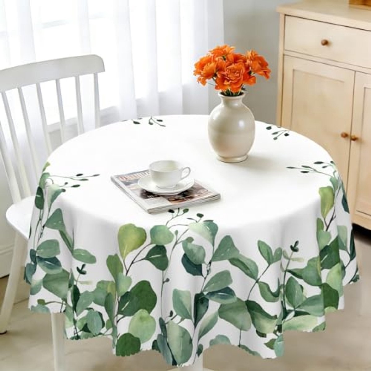 PromoHome Tafelkleed rond 150 cm - Afwasbaar - Waterdicht polyester - Outdoor tafelkleed met eucalyptusbladeren - Weerbestendig tafeldoek voor tuintafel, keuken en eettafel