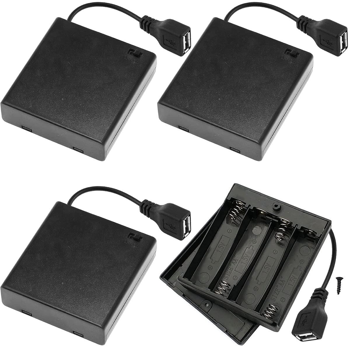 Dailygoods - 4 Stuks AA Batterijhouder met USB Schakelaar voor LED en RC Voertuigen