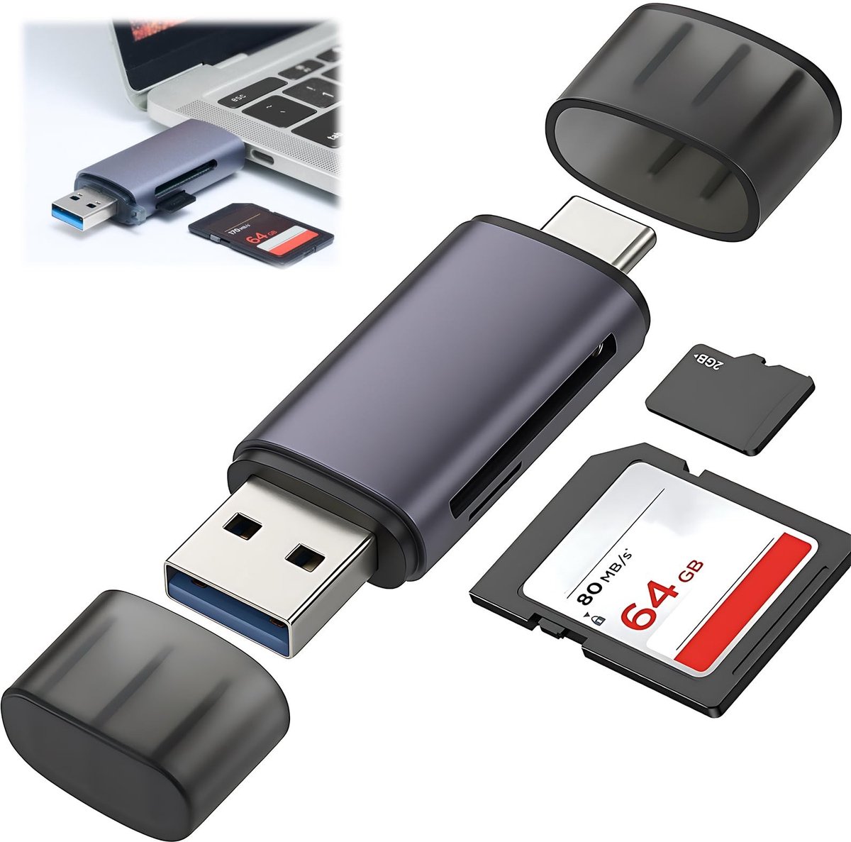 Dailygoods - USB-C Kaartlezer met Dubbele USB 3.0 Aansluiting