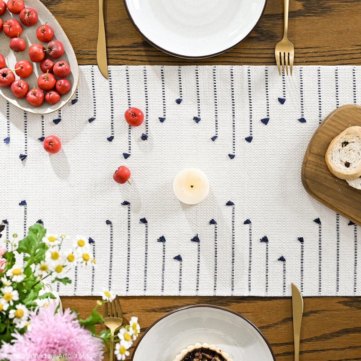 Dailygoods - Donkerblauwe Tafelloper met Kwastjes voor Eettafel
