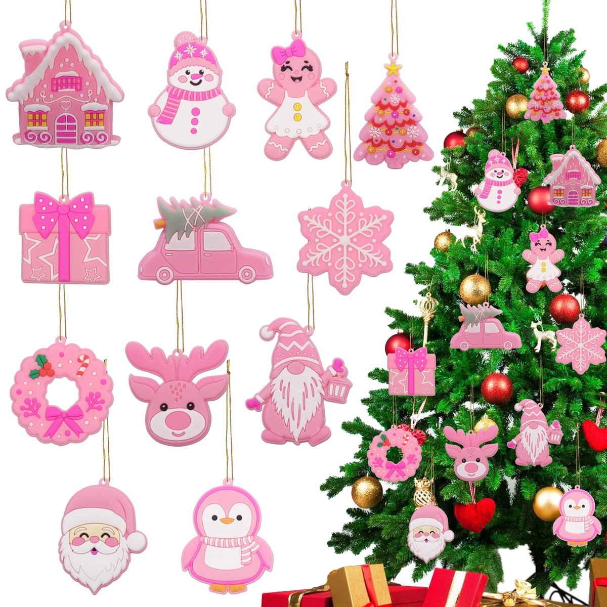 Dailygoods - 12 Stuks Roze PVC Kerstboomversiering