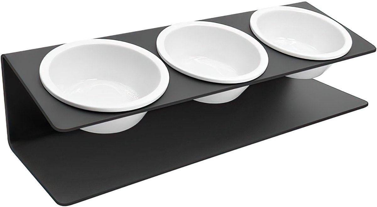 Voerbak Set voor Katten & Honden – 3 Keramische Voerbakken met Standaard – Verhoogde Nekvriendelijke Voerbak – Zwart