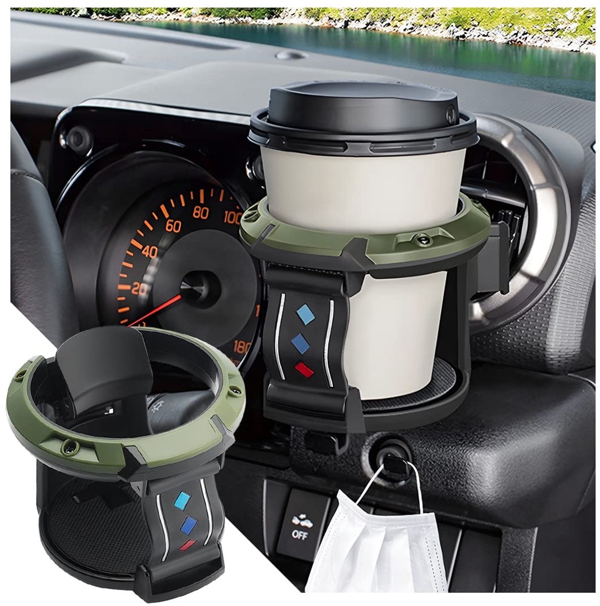 Dailygoods - Dailygoody - Universele Bekerhouder - Autoventilatie - Verstelbaar voor Koffiemok en Drankblikje - Zwart/Groen - Geschikt voor de meeste voertuigen