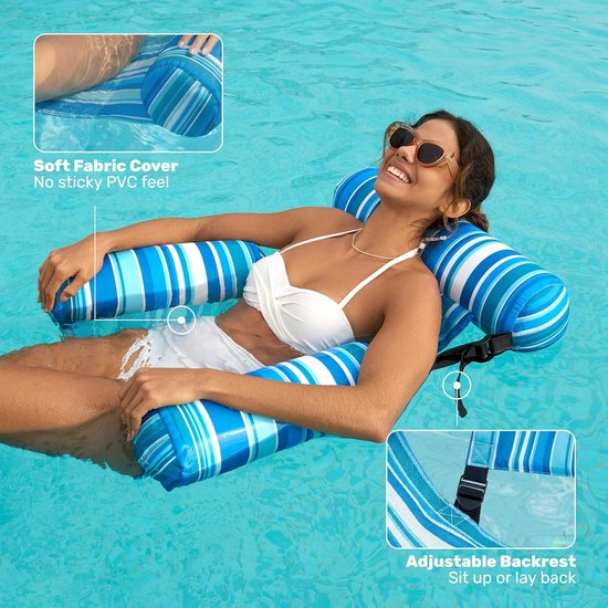 Femme en bikini bleu flottant dans un fauteuil flottant rayé bleu avec une couverture en tissu doux et un dossier réglable.