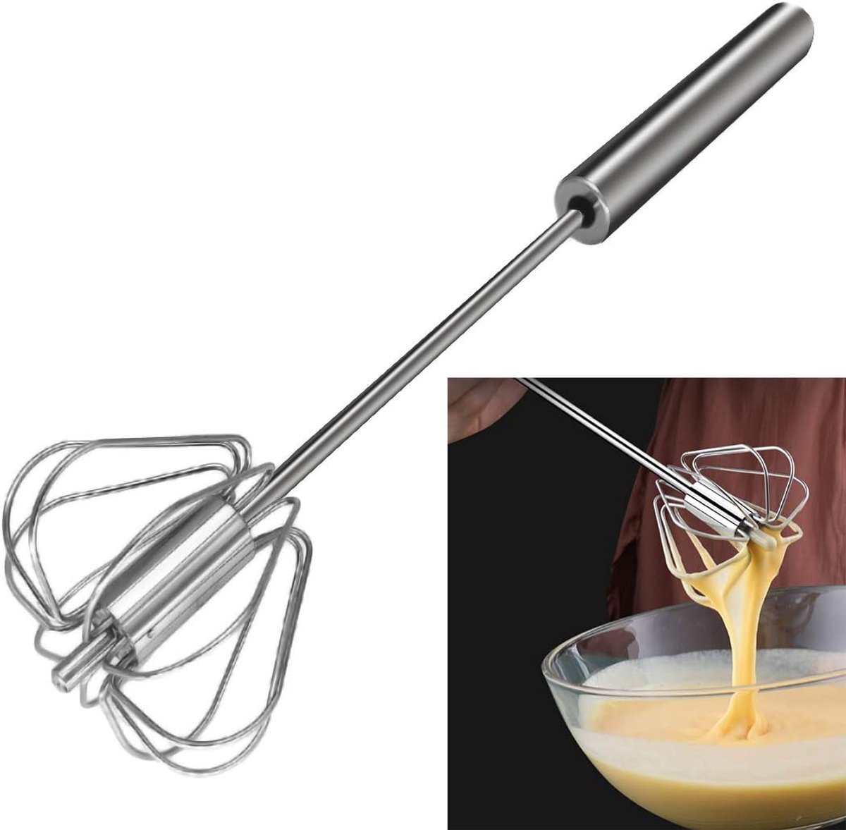 Handbediende eierpers - roestvrijstalen eiergarde - melkschuimer - roterende mixer voor kloppen, mixen en roeren