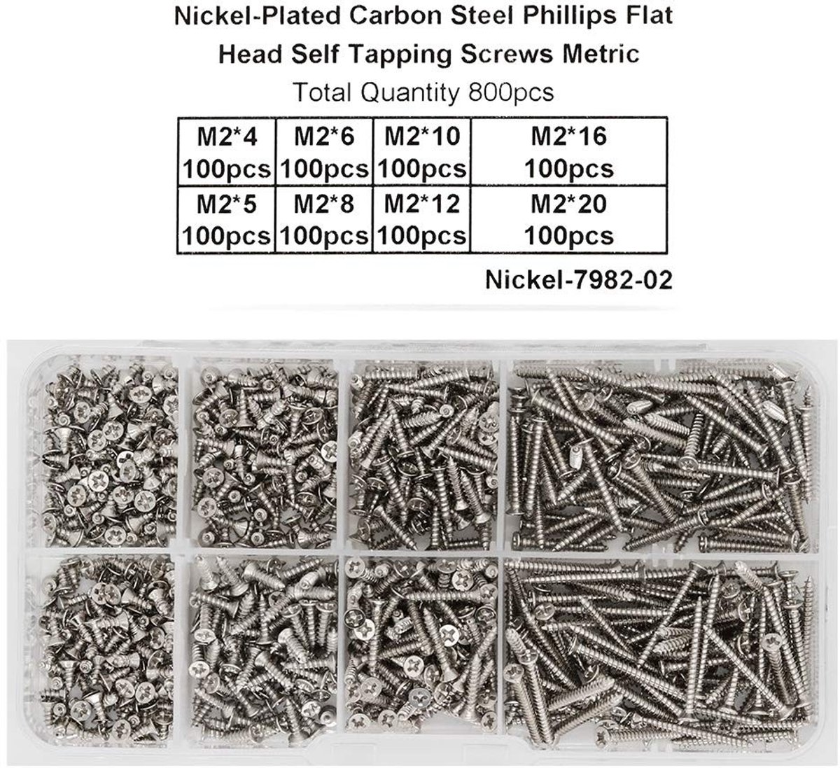 Dailygoods - Dailygoody - 800 stuks M2 zelftappende schroeven - Roestvrij staal - Perfect voor houtwerk - Diverse maten - Pannenkop schroeven - Ideaal voor mo