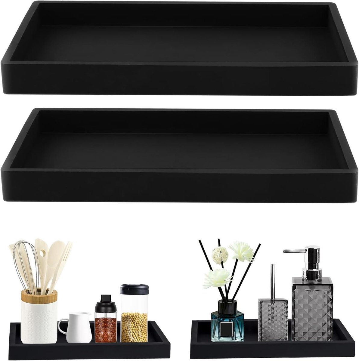 Decoratieve Badkamer Tray Set van 2 Stukken, Silicone Organizer voor Make-up en Zeepdispenser, Ideaal voor Badkuip en Wastafel (Zwart, 20 x 10 x 2cm)