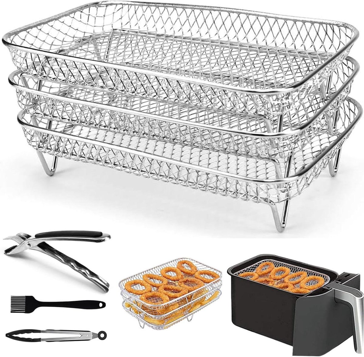 Airfryer Accessoires - Grill Racks - Extra Kookruimte - Stapelbaar Ontwerp - 3 Stuks - Zilver