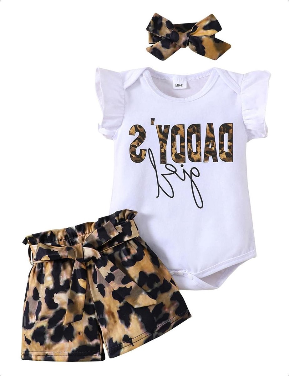 Set van 4-delige Baby Kleding voor Zomer met Korte Mouwen, Luipaardpatroon Romper, Shorts, Hoofdband en Ceintuur voor Meisjes van 0-24 Maanden