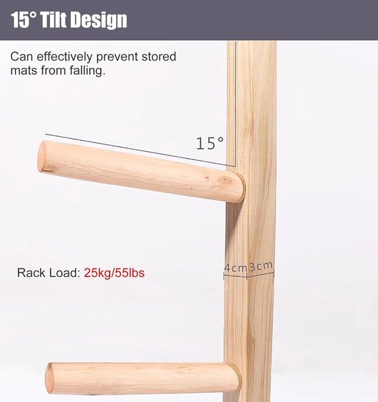 Yoga Mat Rek - Houten Opberger - Fitness Ruimte Organiseren - Wandmontage Ruimtebesparend - 30 cm Stang - Houtkleur — afbeelding 5