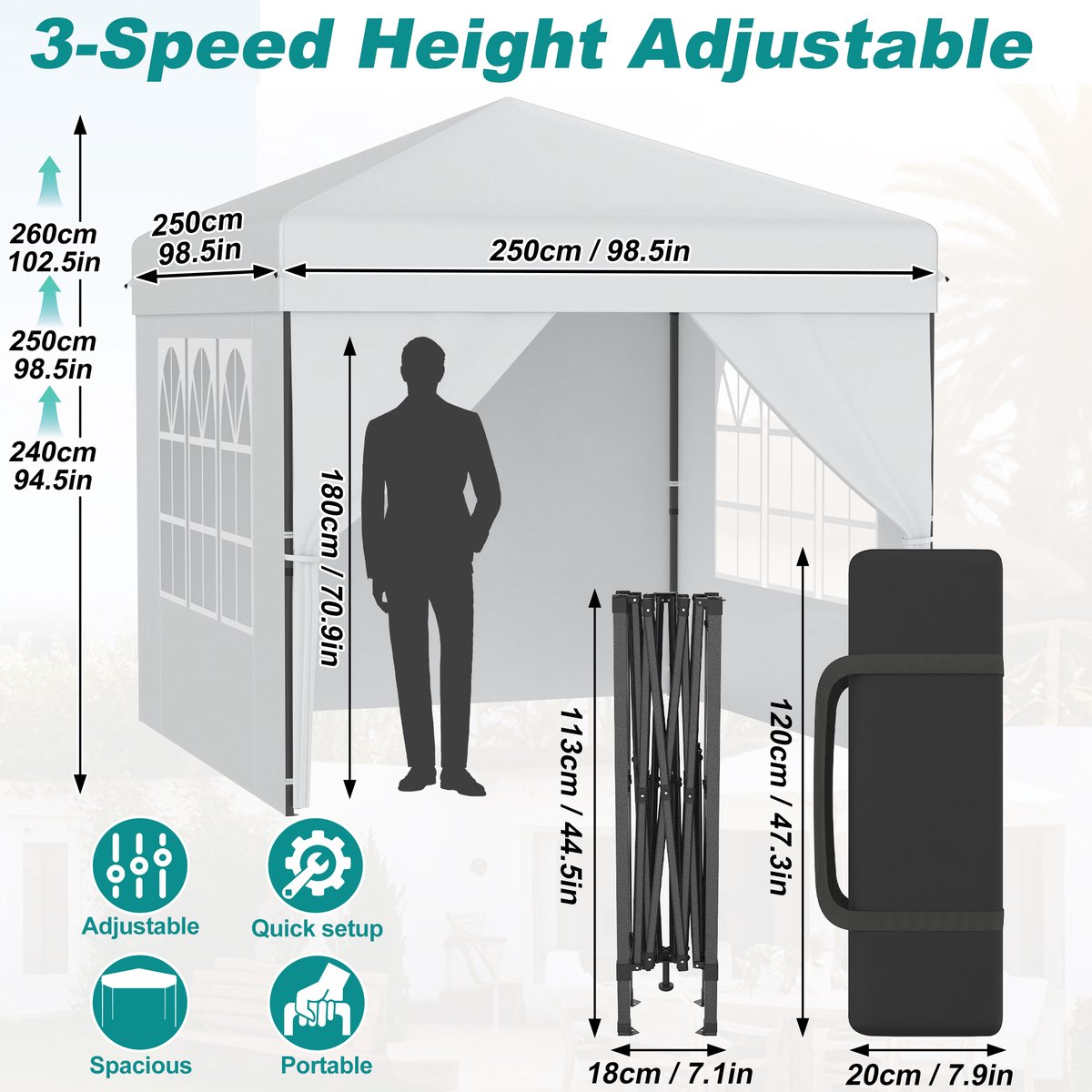 Froadp 2,5 x 2,5 m One-Touch Opvouwbare Partytent Inclusief 6 Zijpanelen Tent Tuinpaviljoen Geschikt voor binnenplaatsen & tuinen Voor buitengebruik Wit