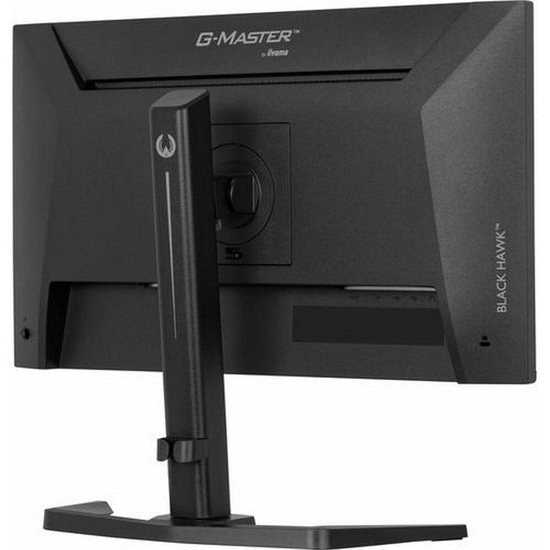 Achterkant van een zwarte monitor met standaard.
