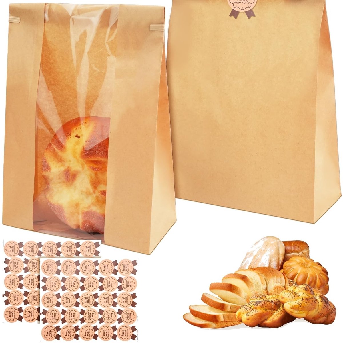 Dailygoods - Cosensi - Dailygoody - Bruine Papieren Tassen - Broodzakken met Venster - Groot Formaat - Kraft Papier - Inclusief Stickers - Geschikt voor Bakkerijen - 100 Stu