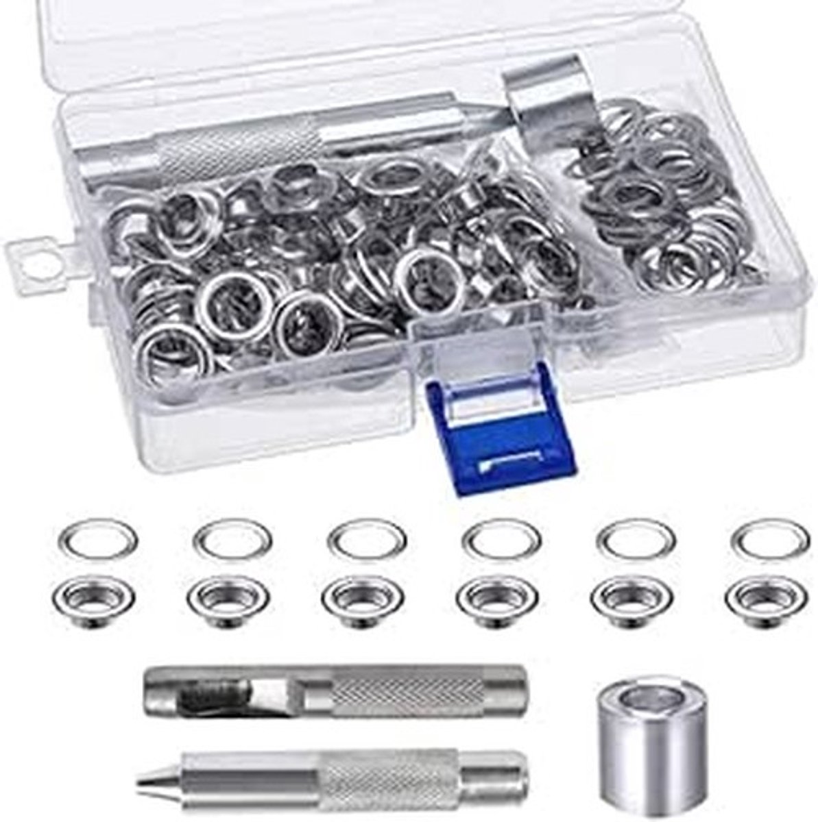 MTTproducts - Silver Grommet Tool Kit met 100 Eyelets en Opbergdoos