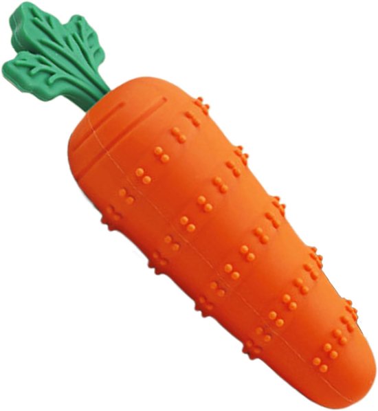 Schuin geplaatst oranje wortelspeeltje met groene bladeren, noppen en een opening.