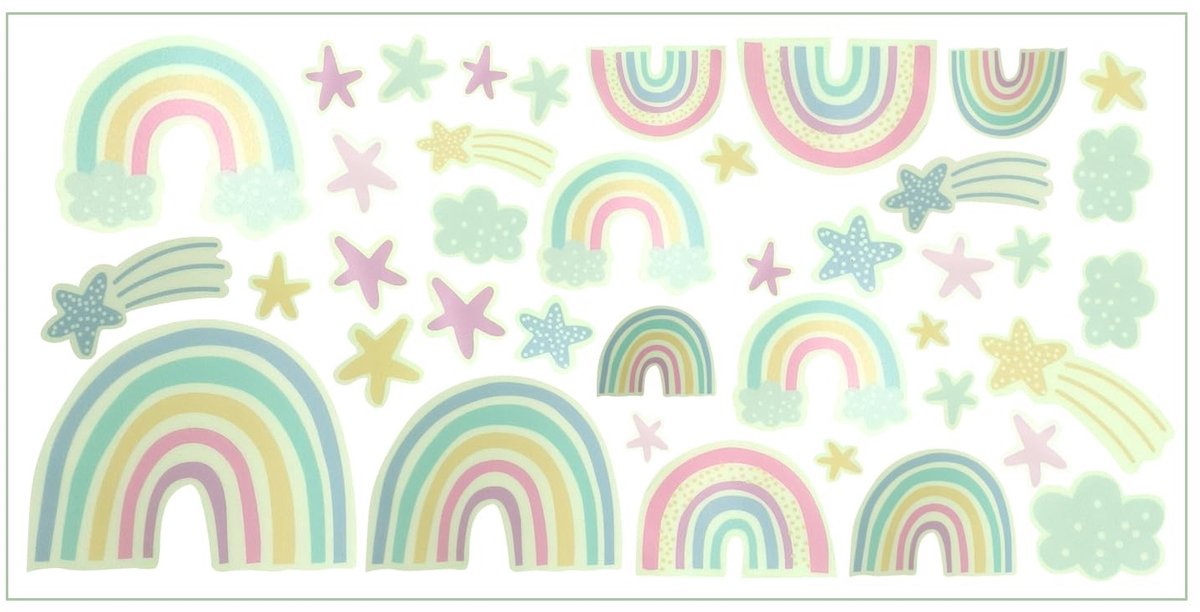 Cosensi- Muurstickers Rainbow Wolken en Sterren - Fluorescent - Zelfklevend - Wanddecoratie Kinderen - 38x19 cm - Milieuvriendelijk PVC