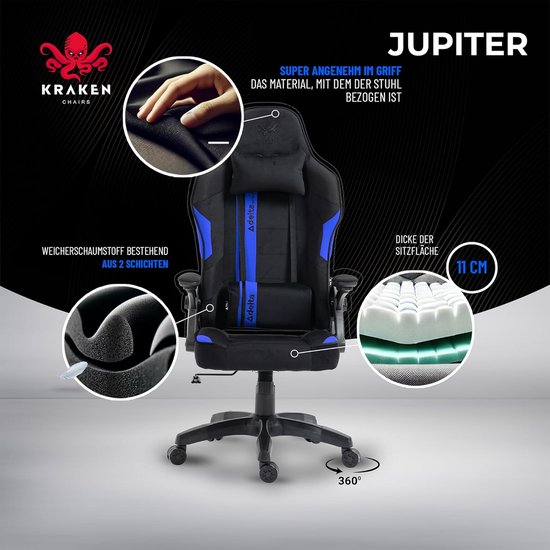 Gamingstoel Stof - Zwart-Blauw - Bureaustoel - Ergonomische Computerstoel Gamer - 130 kg Belastbaarheid - Gamerstoel - Gamingzetel - Gaming Chair Ergonomic - Gamingstoel - PC-Stoel — afbeelding 3