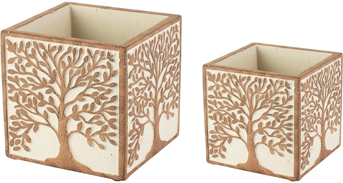 Dekoratief | Set 2 bloempotten 'Tree of Life', cement, 15x15x14cm | A265159