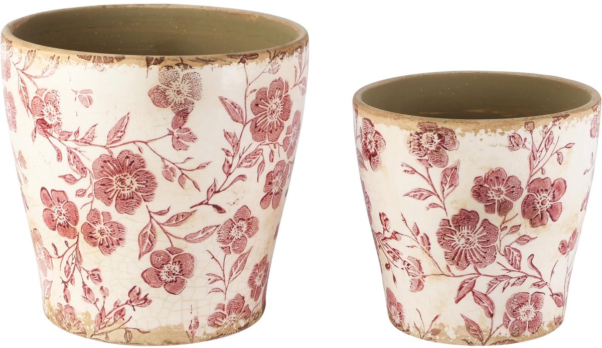 Dekoratief | Set 2 bloempotten 'Burgundy Blossom', keramiek, 18x18x17cm | A265468