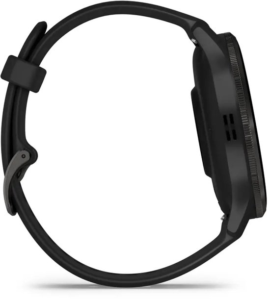 Zijkantprofiel van een zwarte smartwatch met siliconen bandje.