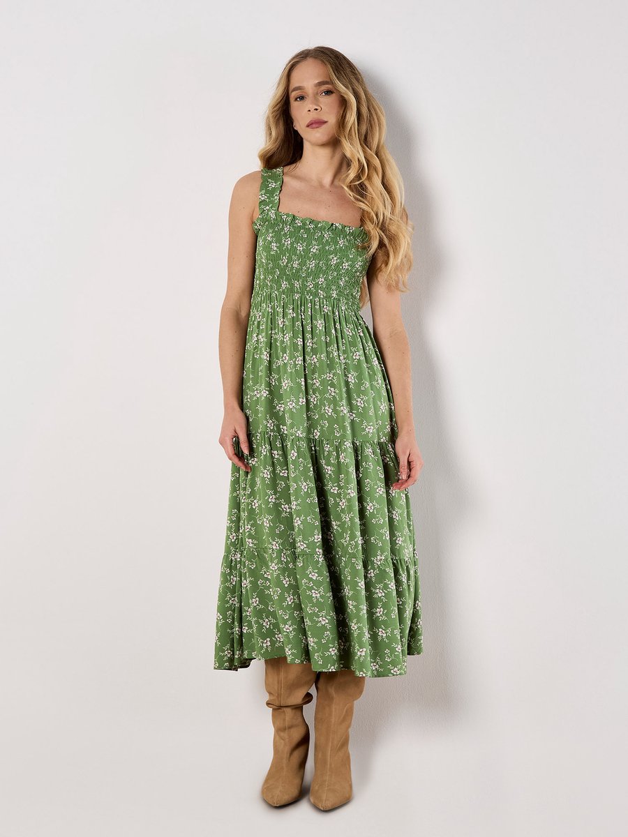 Midi-jurk met smockwerk en orchideeënprint