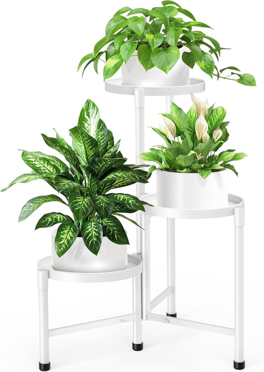 Famanu – 3-laags metalen plantenstandaard voor bloemen en planten, 115 cm hoog, roestvrij, ideaal voor binnen en buiten, tuin en balkon decoratie in wit