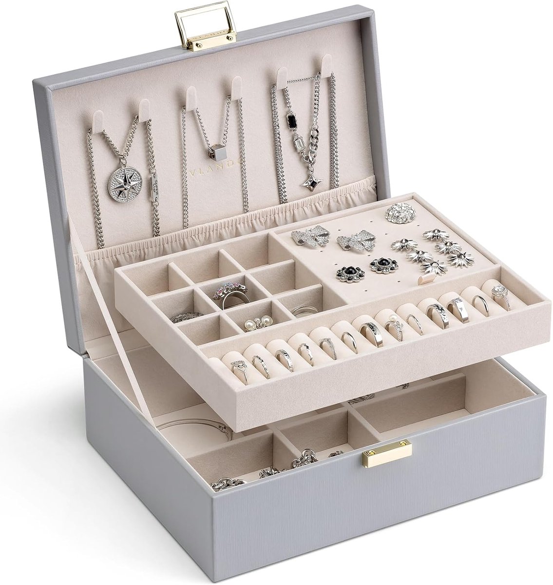 Famanu – 2-laags sieradendoos met afneembare lade voor kettingen, oorbellen, ringen en armbanden, ideaal als cadeau
