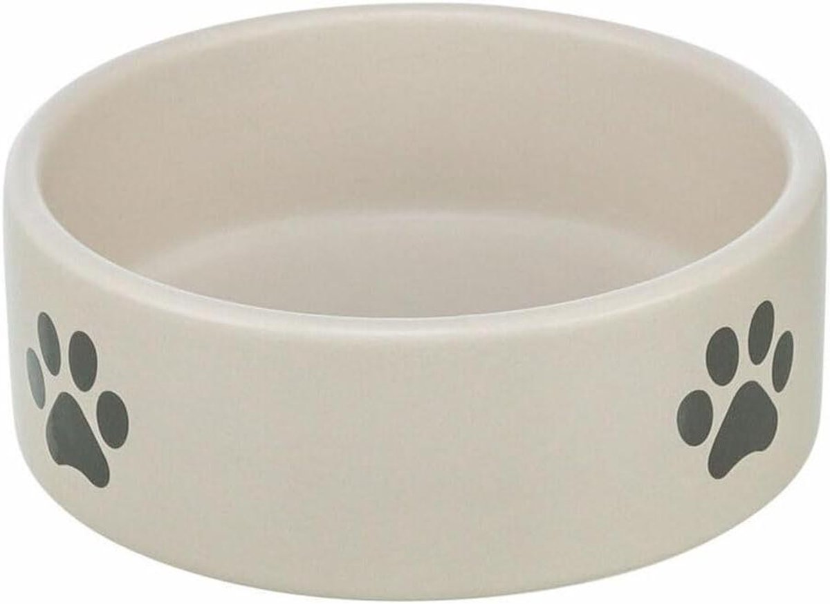 Voerbak Hond - Drinkbak Huisdier - Voeding Geven - Keramiek Pootmotief - 300 ml - Lichtgrijs