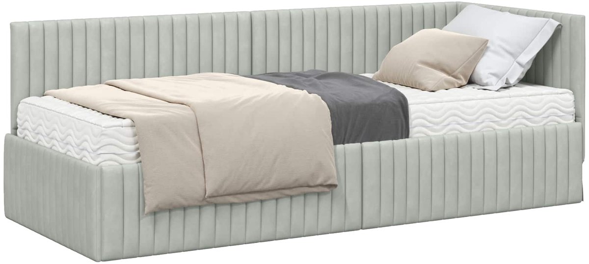 vidaXL Hoekbedframe - met - Matras - 2 - st - Lichtgrijs - 80 - x - 200 - cm - Fluweel