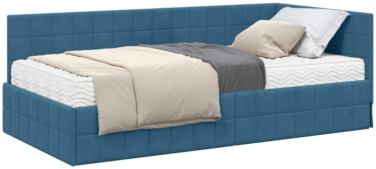 vidaXL Hoekbedframe - met - Matras - 2 - st - Blauw - 90 - x - 200 - cm - Fluweel