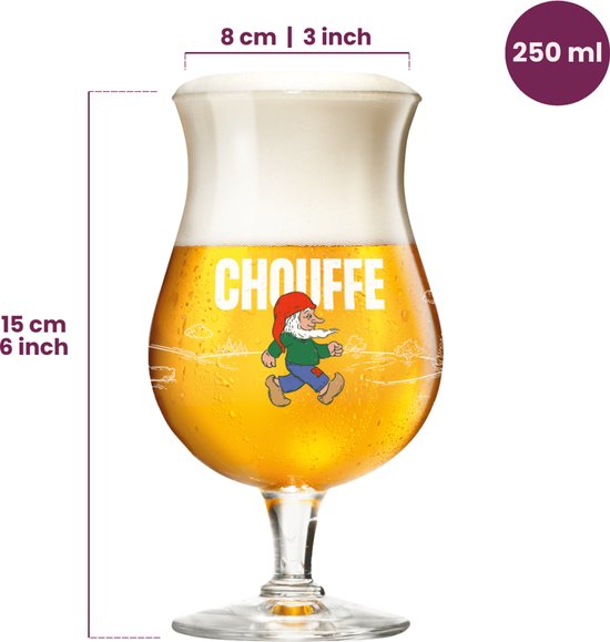 Eén La Chouffe bierglas van 250 ml, hoogte 15 cm, breedte 8 cm, met bier, schuim, logo en kabouter.