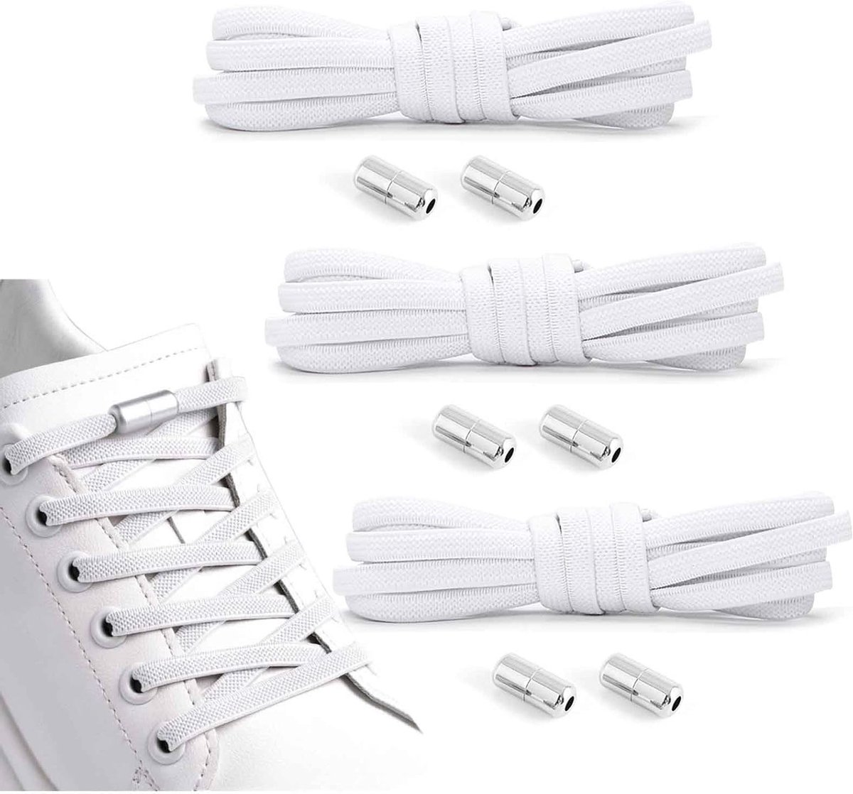 3 Paar No Tie Elastische Veters met Metalen Gespen voor Gym- en Wandelschoenen voor Volwassenen en Kinderen - Wit