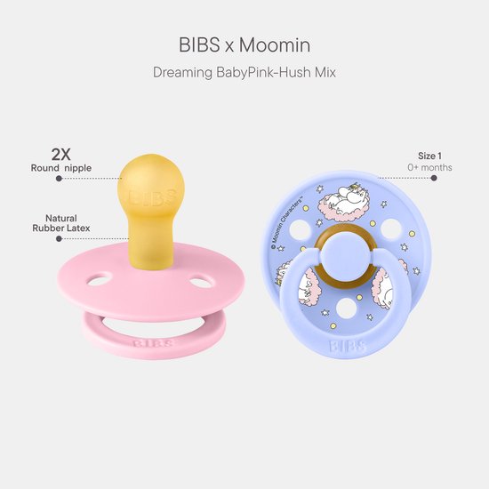 BIBS Colour Moomins Speen verpakking van 2 stuks. BPA-vrij, Ronde speen. Natuurlijk rubberlatex, Gemaakt in Denemarken, Maat 1 (0-6 maanden), Baby Pink / Hush van BIBS — afbeelding 5