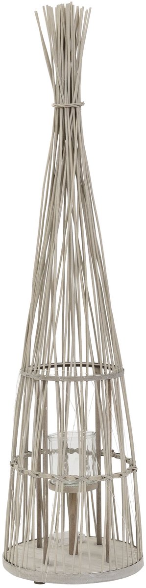 Bamboe lantaarn, windlicht H: 91 cm houtkleur, boho-tuinlantaarn met led-lichtslinger & glazen inzetstuk, kandelaar met gevlochten look