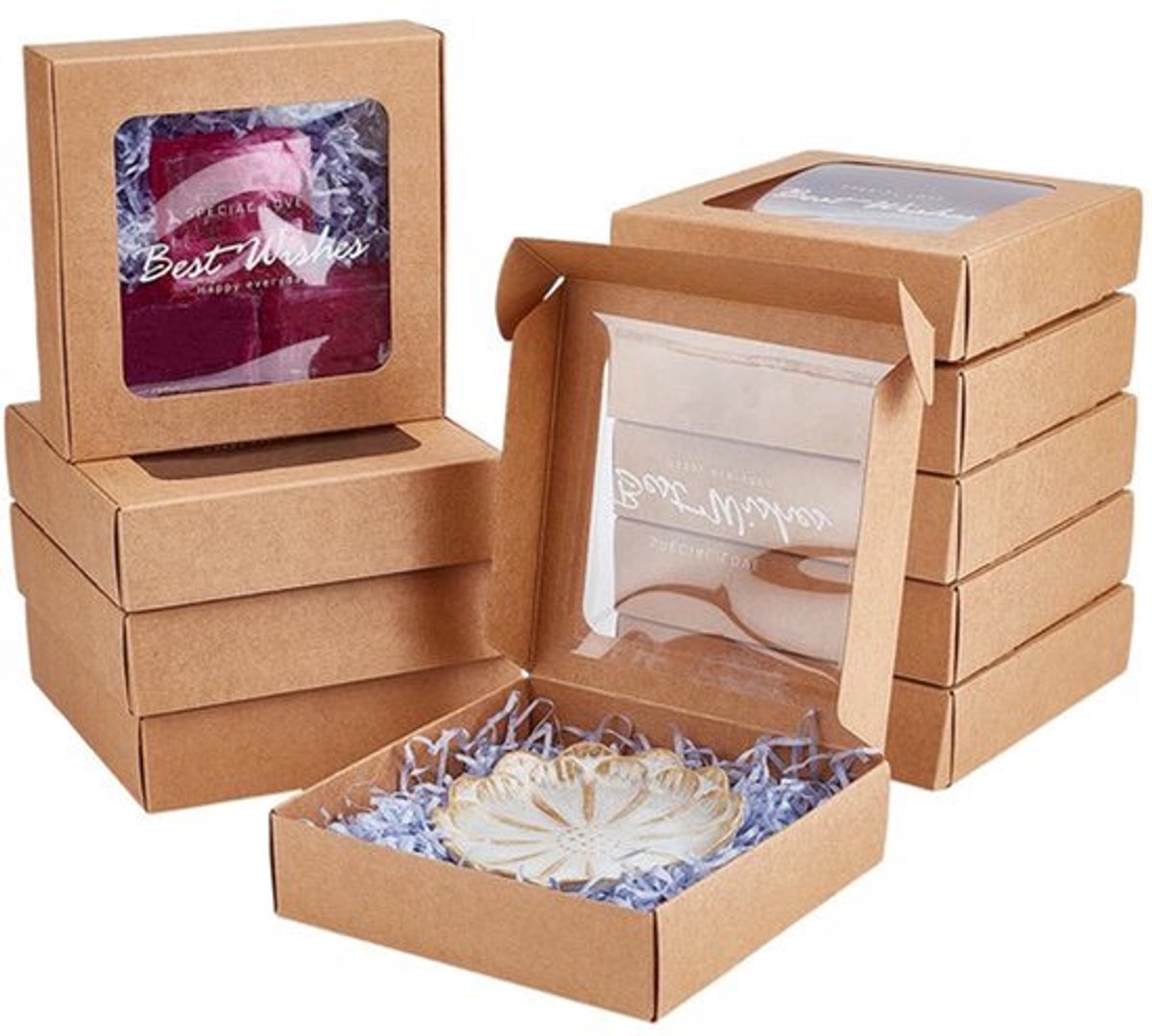 Kraft Mini Papieren Dozen 10 Stks - Vierkante Geschenkdozen met PVC Venster, 15,7x16x4,5cm