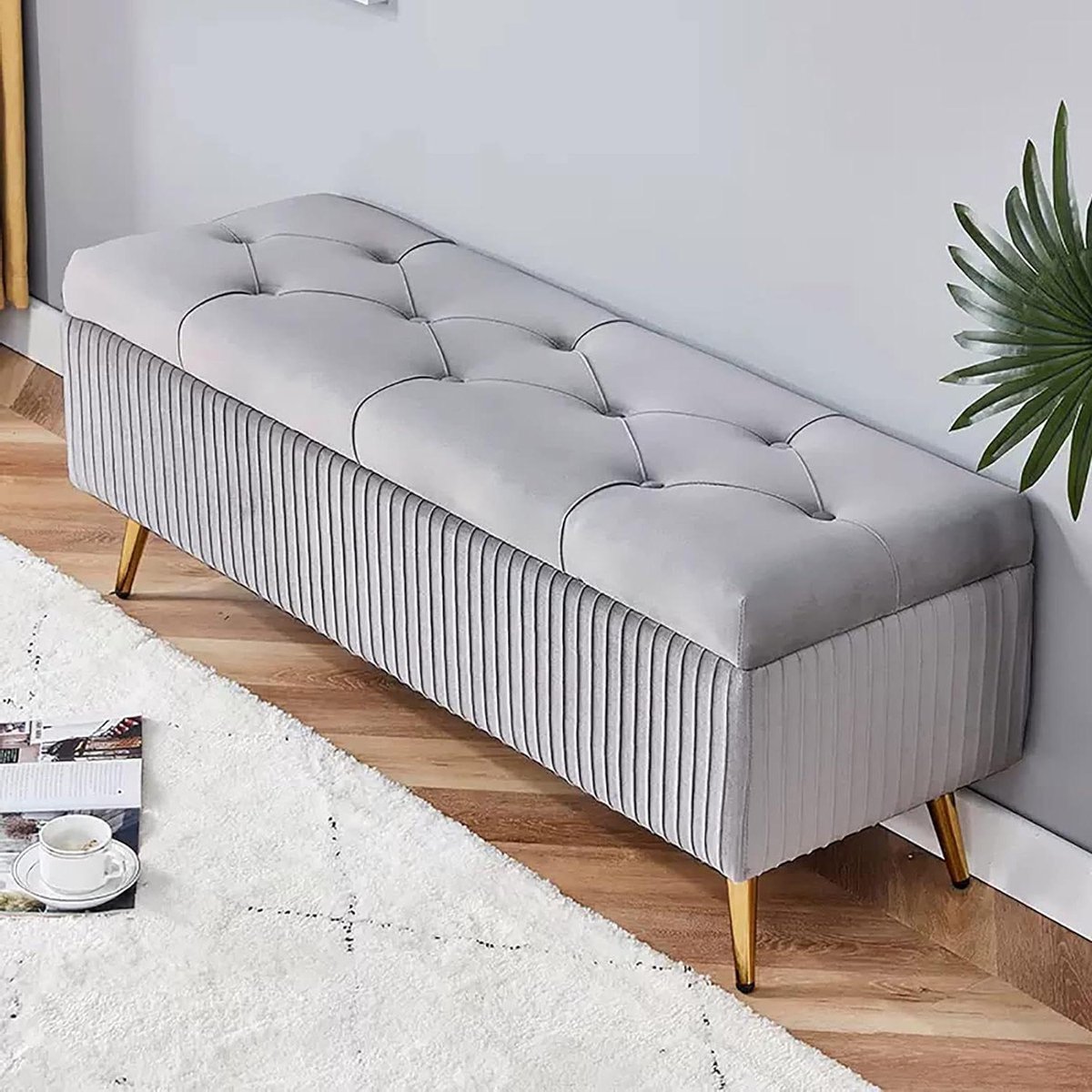Opbergbank Ottomaans - Voetensteun Bankje - Woonkamer Organiseren - Gouden Metalen Poten - 80x40x45cm - Grijs