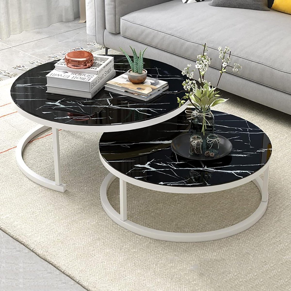 Nesting Salontafel - Set bijzettafels - Woonkamer inrichten - Open opbergruimte - 70cm en 50cm - Wit frame