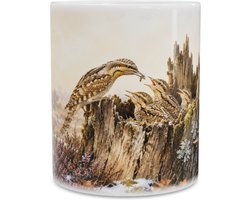 Mok met draaihals vogel en bedelende jongen op boomstronk - Bijzondere aquarel illustratie - Origineel natuur cadeau voor vogelaars - Warme theebeker