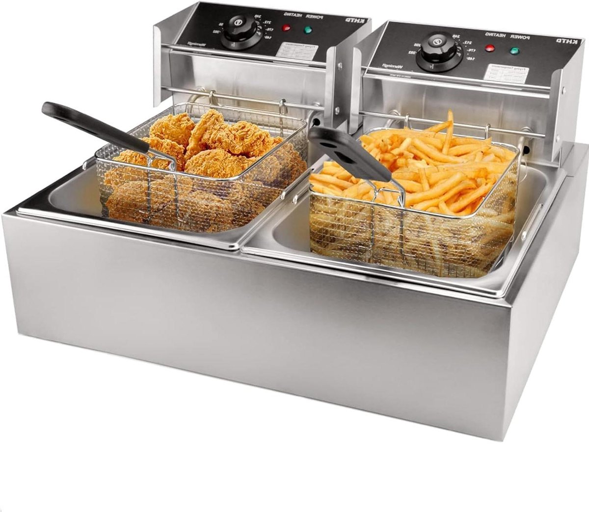 Elektrische Frituurpan - Dubbele Frituurmand - Frituren van Snacks - Roestvrij Staal - 6L+6L - Zilver