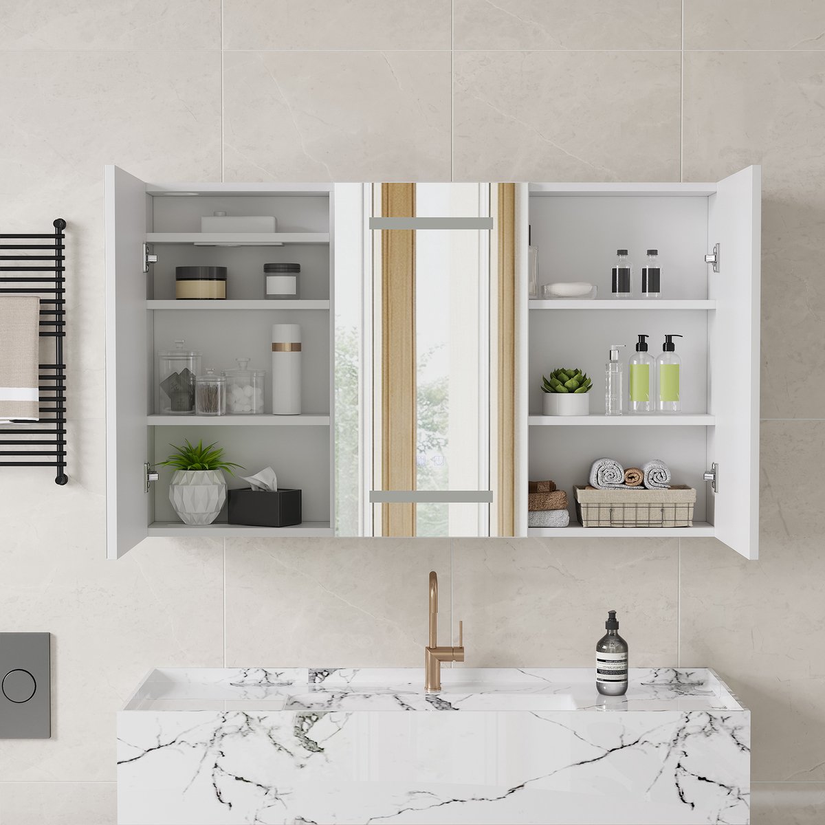 Badkamerkast met Spiegel, LED-Verlichting, Ontwasemingsfunctie en Stopcontact/USB, Wandgemonteerde Spiegels Kast met 3 Deuren en Verstelbare Planken, Touchbediening, 100x13,5x60 cm, Wit
