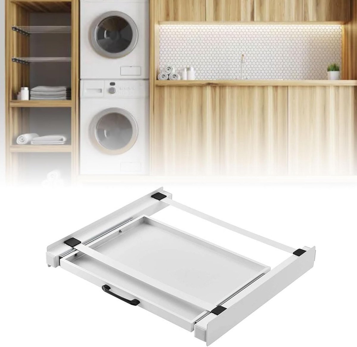 Wasdroger Tussenframe - Stapelkit Verbinding - Wasmachine Stapelen - Uittrekbare Plank - 60x54 cm - Wit